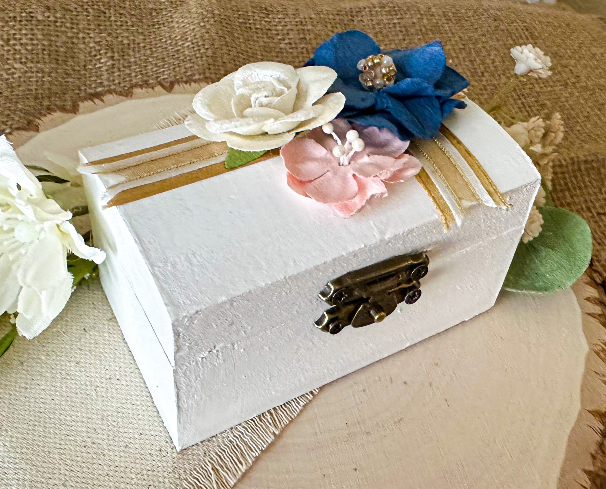 Navy and Pink Floral Ceremony Ring Box - New Beginning Designs