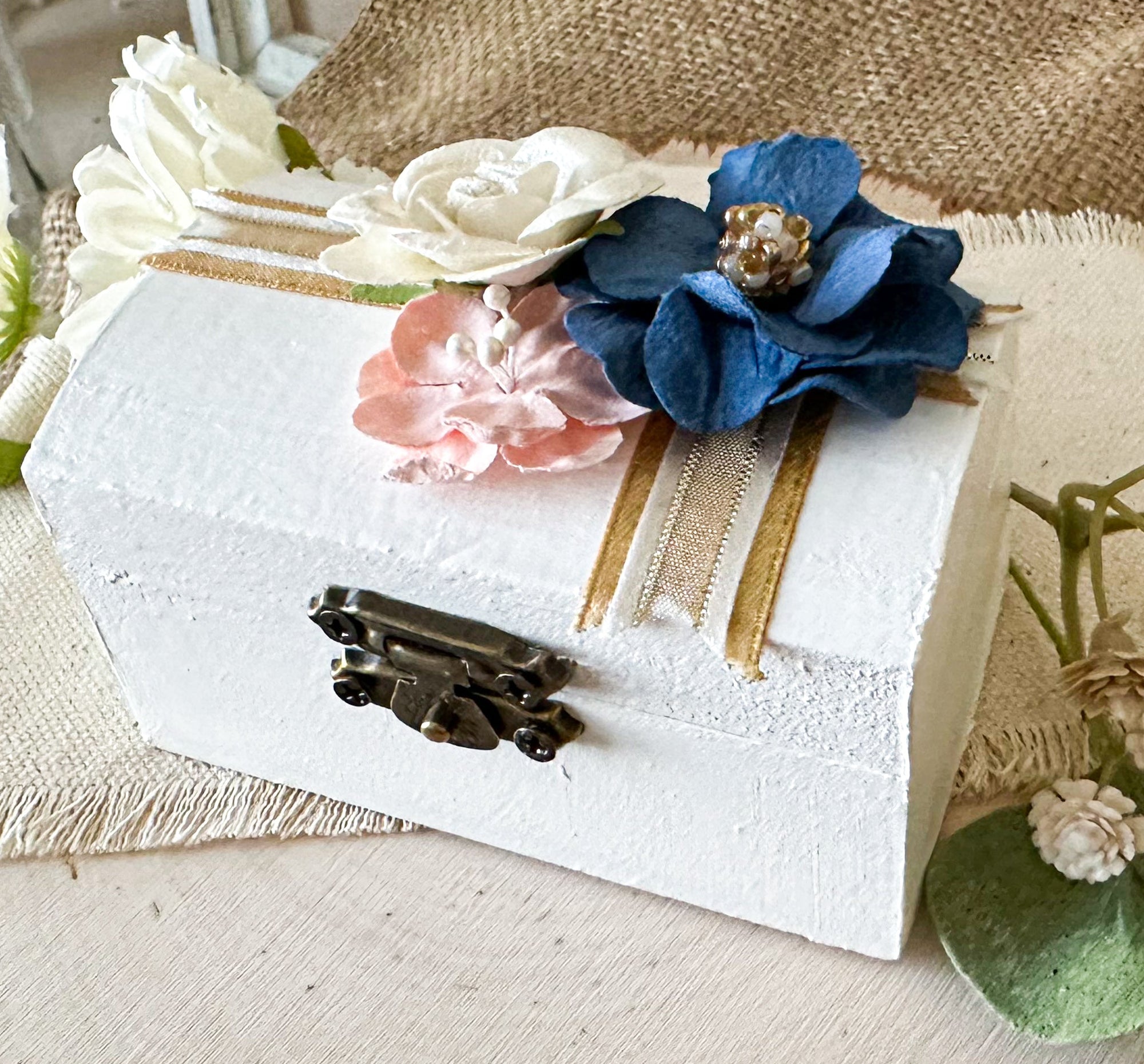 Navy and Pink Floral Ceremony Ring Box - New Beginning Designs