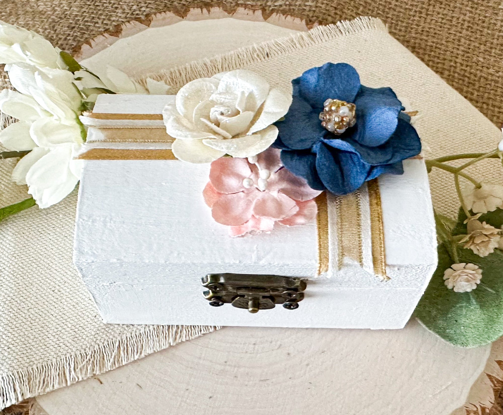 Navy and Pink Floral Ceremony Ring Box - New Beginning Designs