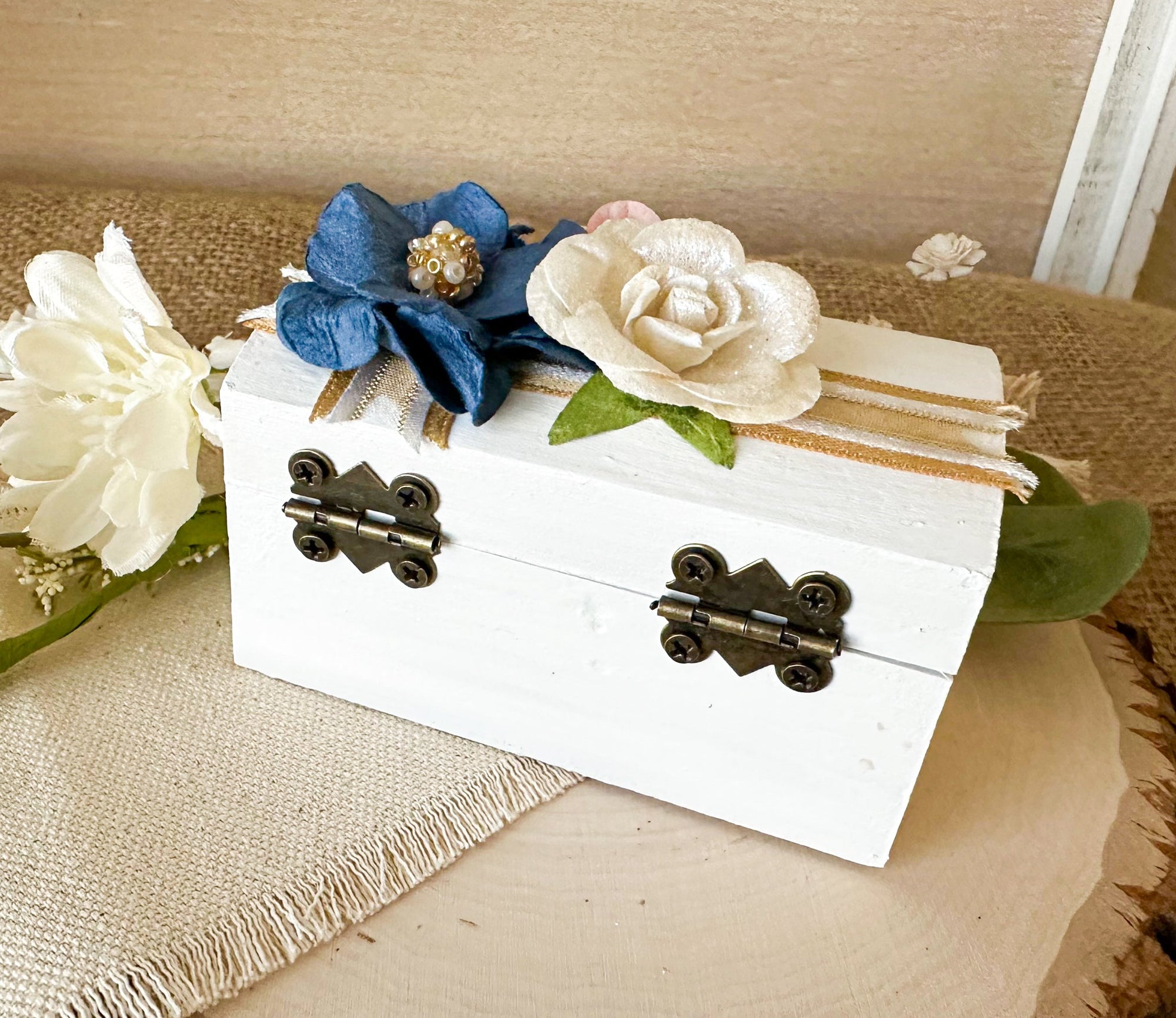 Navy and Pink Floral Ceremony Ring Box - New Beginning Designs